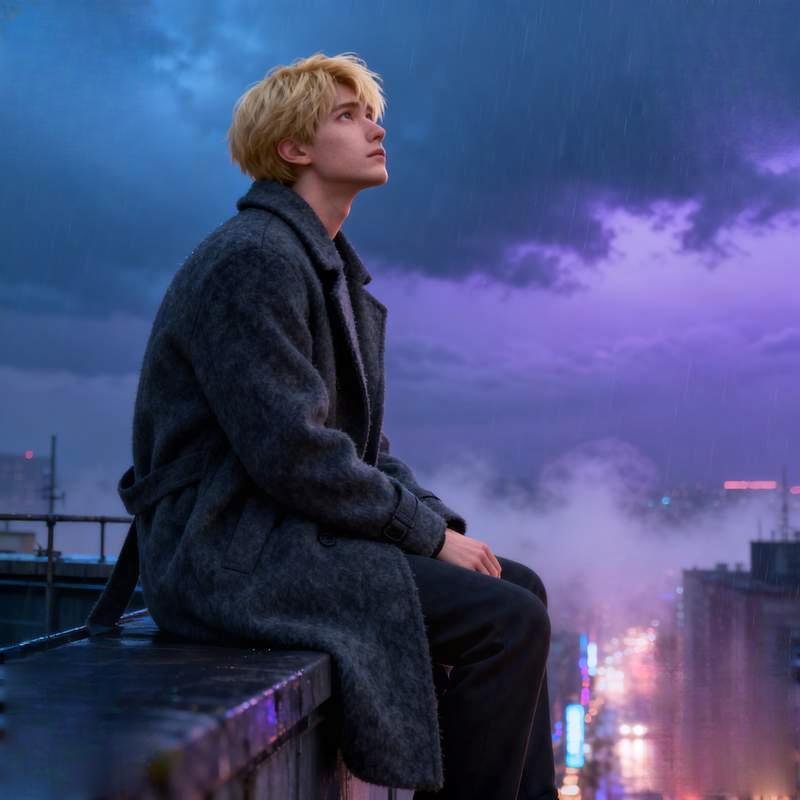 man, coastal twilight, city rooftop, autumn forest, old brick wall, cliff storm clouds