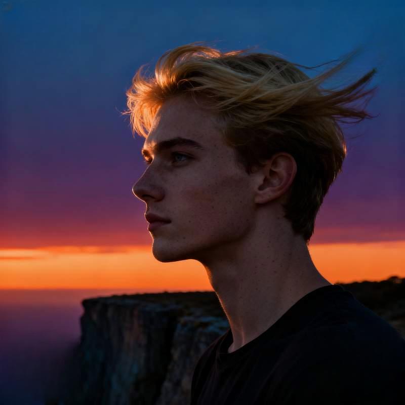boy's profile, cliff at dusk, morning mist in forest, island rocks, graffiti wall, autumn grass