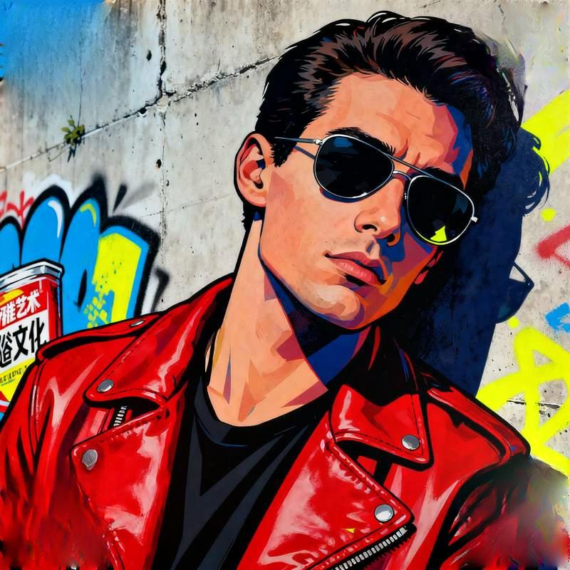 cool guy, ambiance, city night scene, forest light and shadow, cliff sea of clouds, graffiti wall