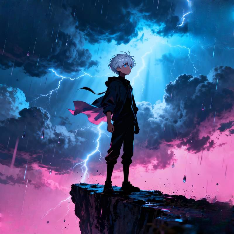 young boy, profile picture, anime, light and shadow, nature, cityscape