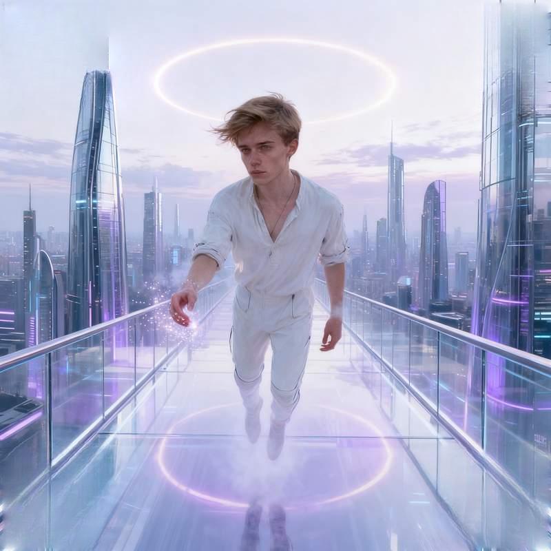 man, city night view, library, desert oasis, skywalk, forest cabin