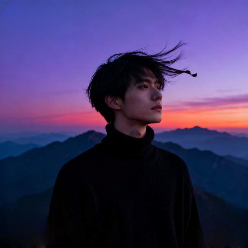 young man, mountain twilight, industrial ruins, graffiti street, forest in mist, volcanic coastline