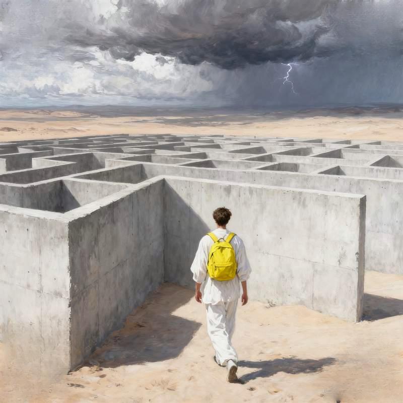 trendy guy, rooftop, graffiti wall, data stream, desert maze, stained glass window