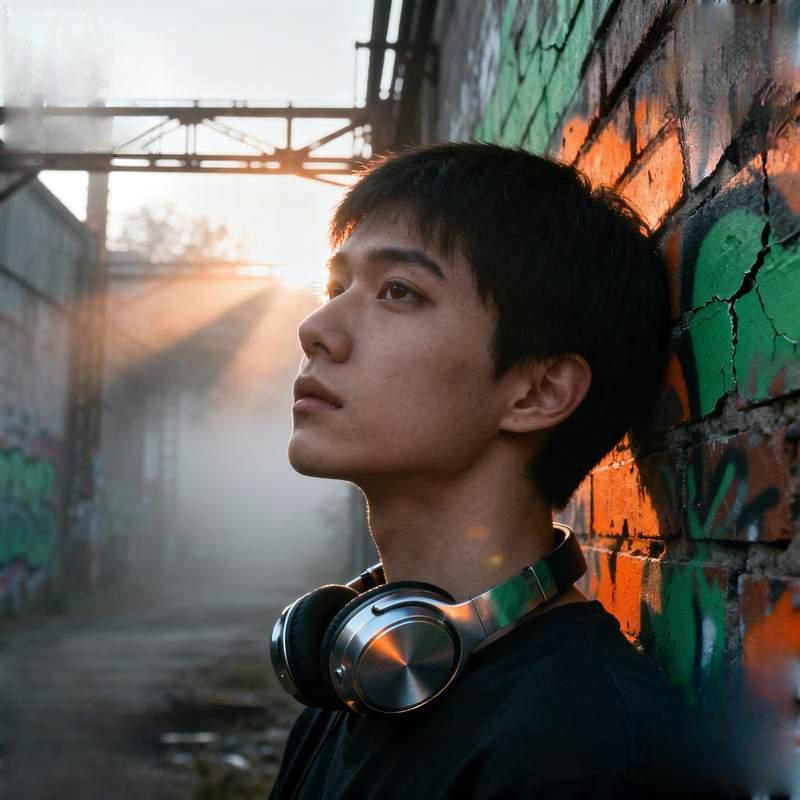 neon jacket, graffiti brick wall, subway dancer, cliffside sunglasses man, glass reflections, forest