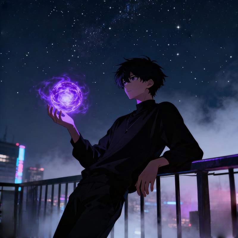 anime male head, silver-haired boy, stormy cliff, starlight wings, burning forest, abandoned church