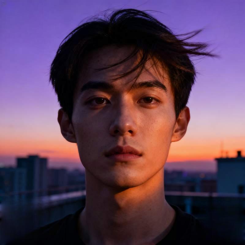 young man, urban rooftop, forest dawn, seaside rocks, geometric city, desert highway