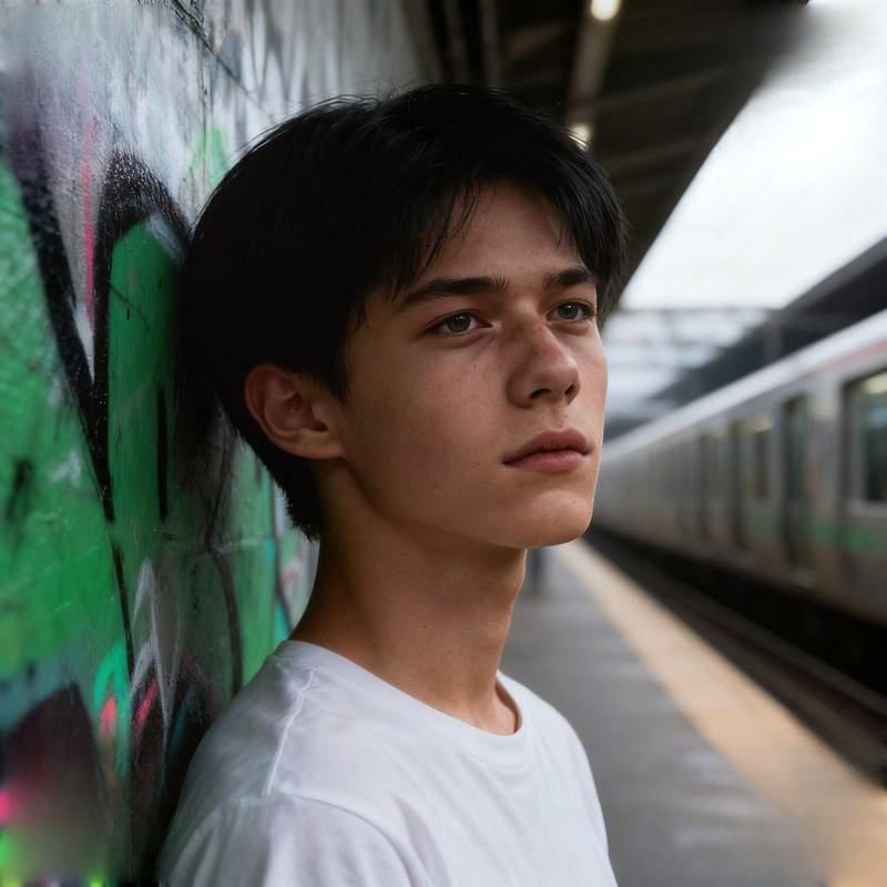 puppy love, bare-faced boy, prairie sunset, graffiti streetscape, glassy lake surface, volcanic plat