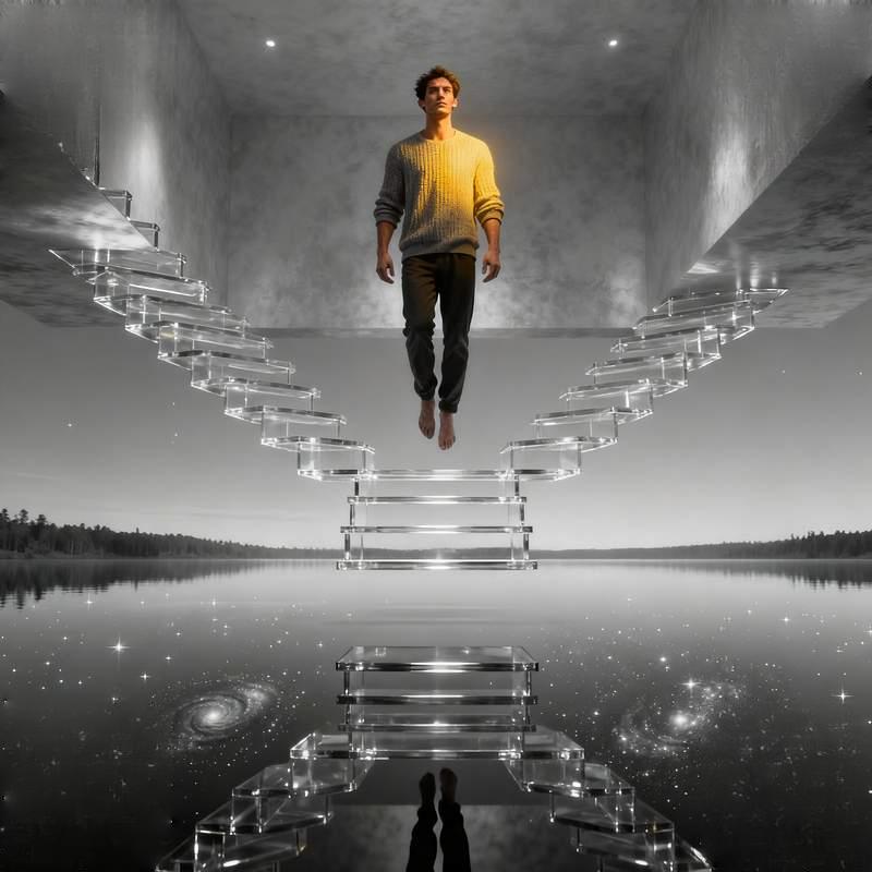 male portrait, city night scene, desert stone formation, forest meditation, dream staircase, industr