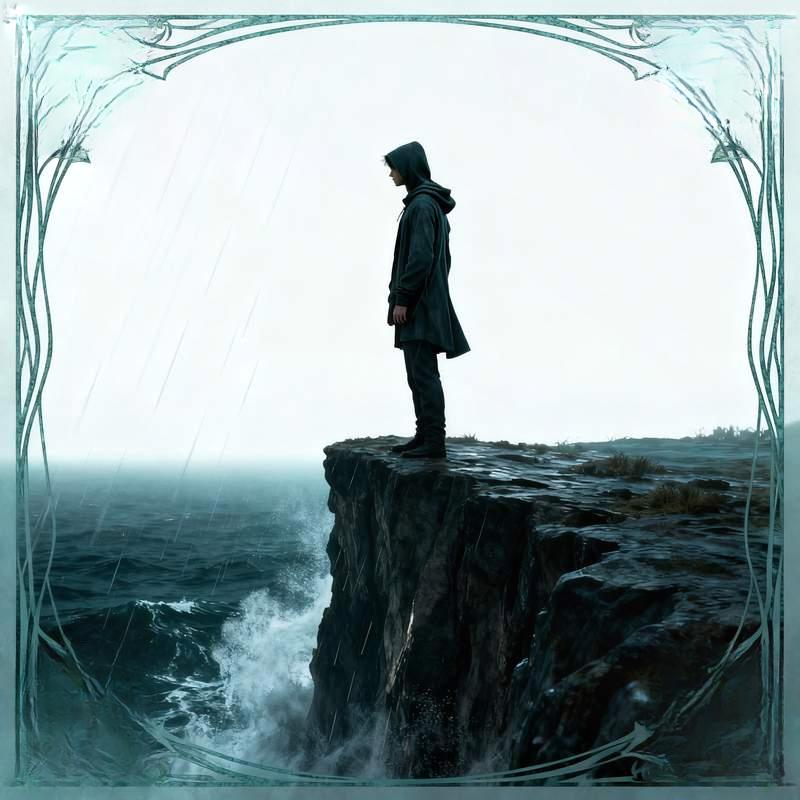 wasteland youth, industrial alienation, ice crystal mirage, cliffside silhouette, parched riverbed,