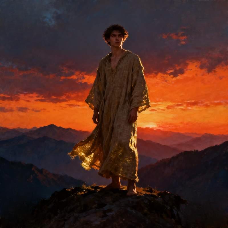 young boy, mountain range, graffiti wall, volcano, oasis, data stream