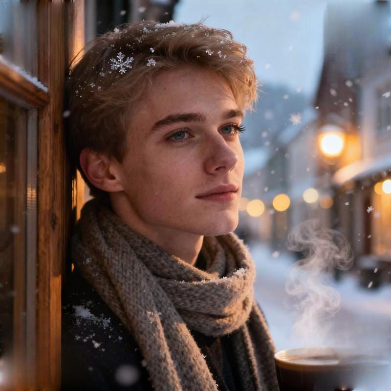 warm-hearted guy, winter, healing, snowy landscape, scarf, campfire