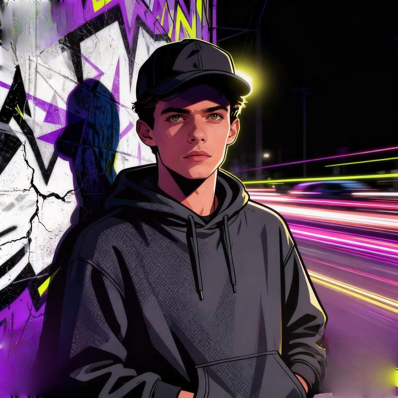 young man, city night view, industrial warehouse, coastal cliff, graffiti wall, forest morning light