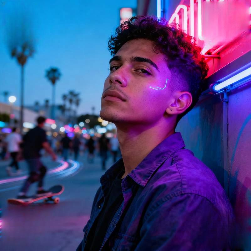 male head, real person, explosive style, urban rooftop, Nordic tundra, neon street