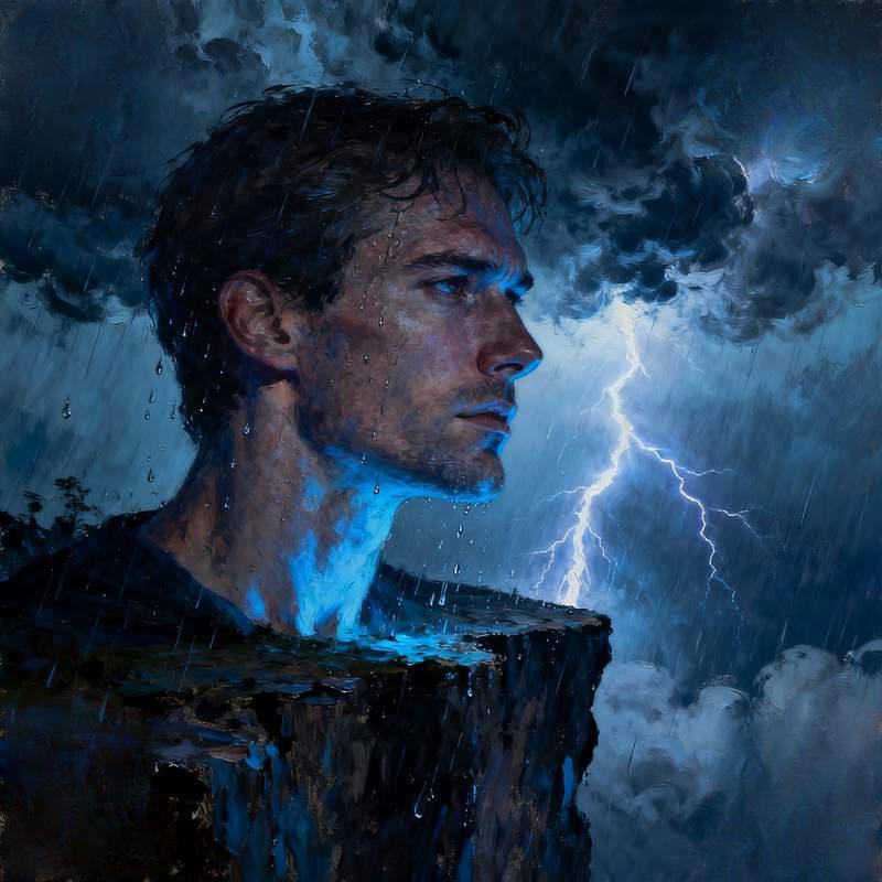 male portrait, cliff storm, desert starry sky, glacier cave, abandoned church, volcanic lake