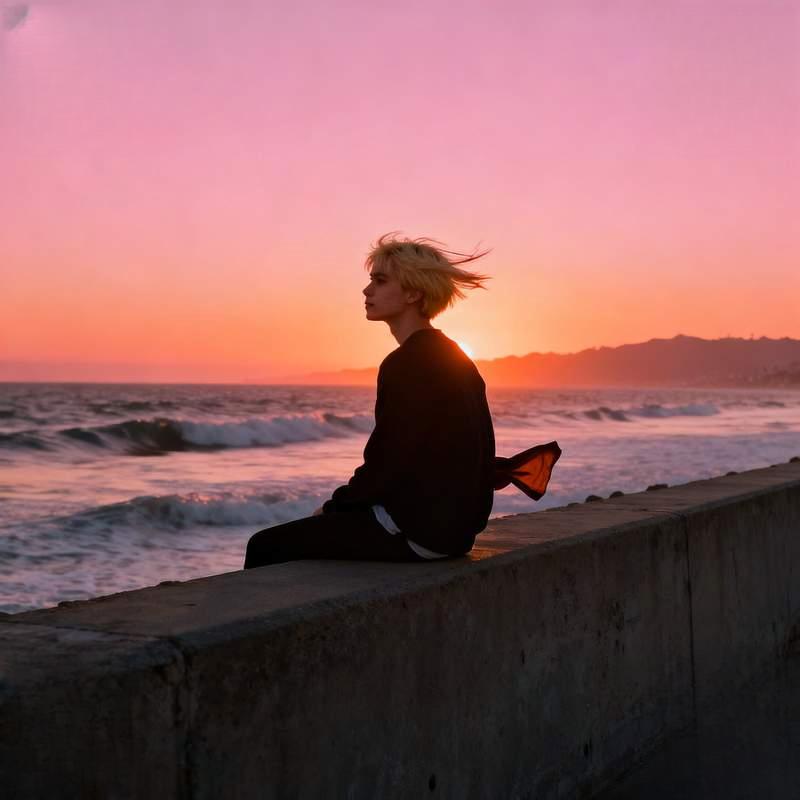 modern male figure, city night view, beach sunset, graffiti music, desert morning mist, street cycli