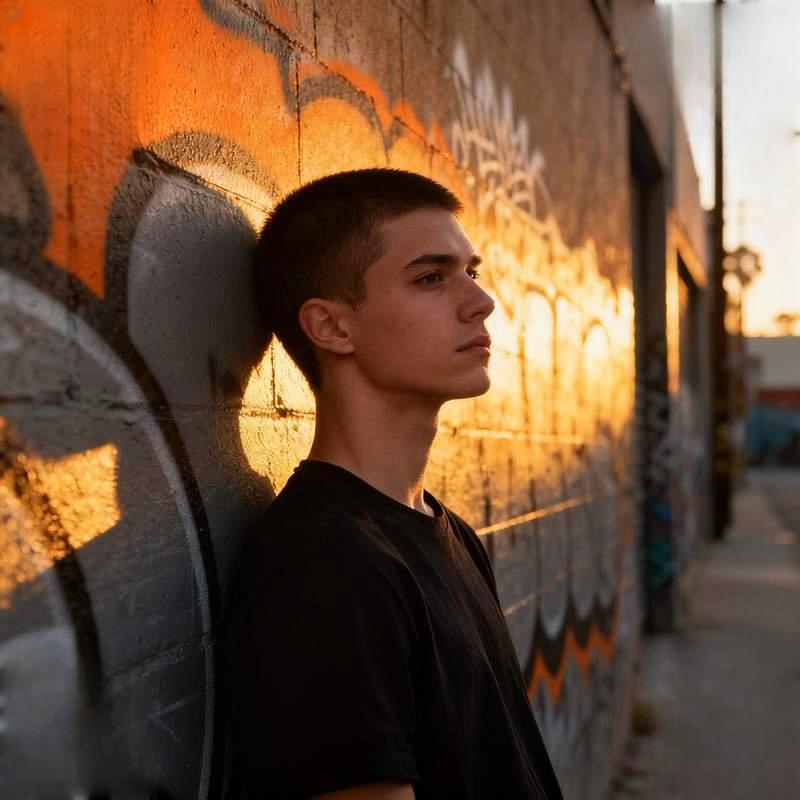 urban male, graffiti alley, glacier crevasse, rooftop pool, dream geometry, Scottish highlands