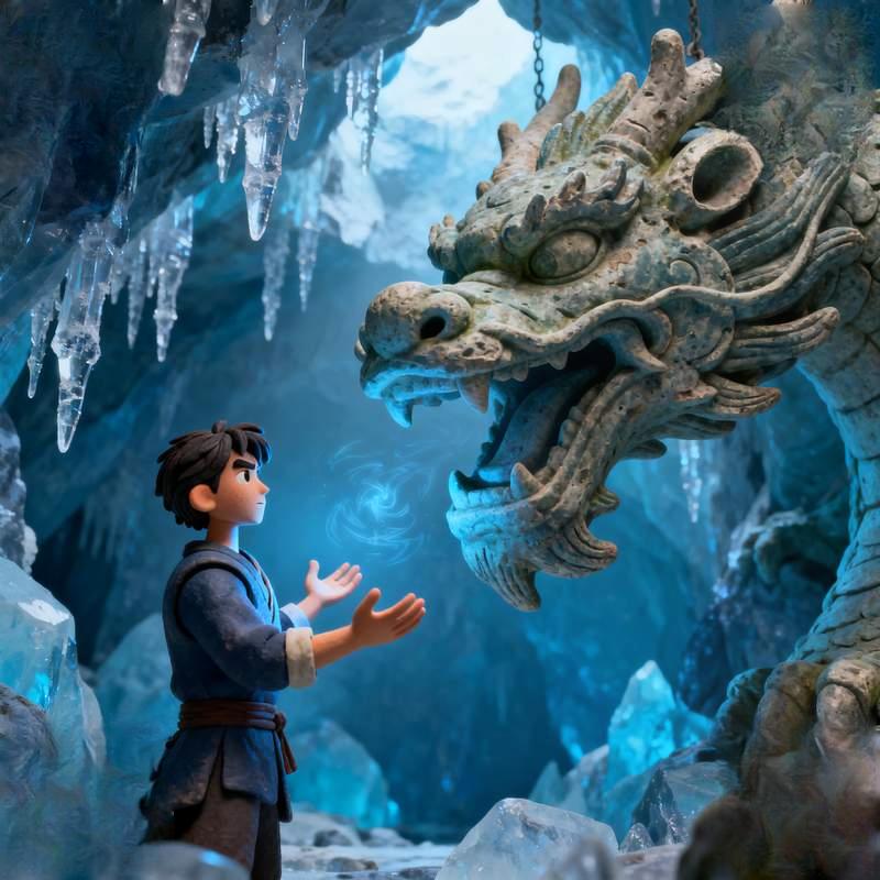 eastern man, dragon spirit form, giant tree roots, desert starry sky, glacier fissure, graffiti wall