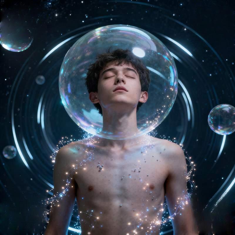 young man, cliff at dusk, city neon, red desert, dream bubbles, forest morning mist