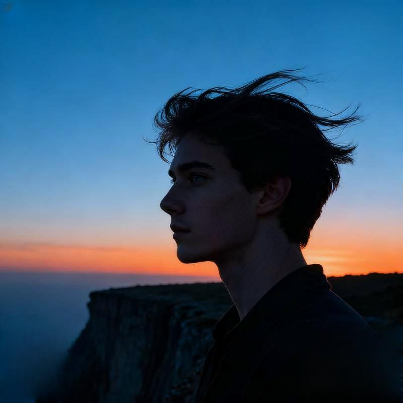 handsome male profile, cliff at dusk, data galaxy, rainforest stream, snow mountain storm, graffiti