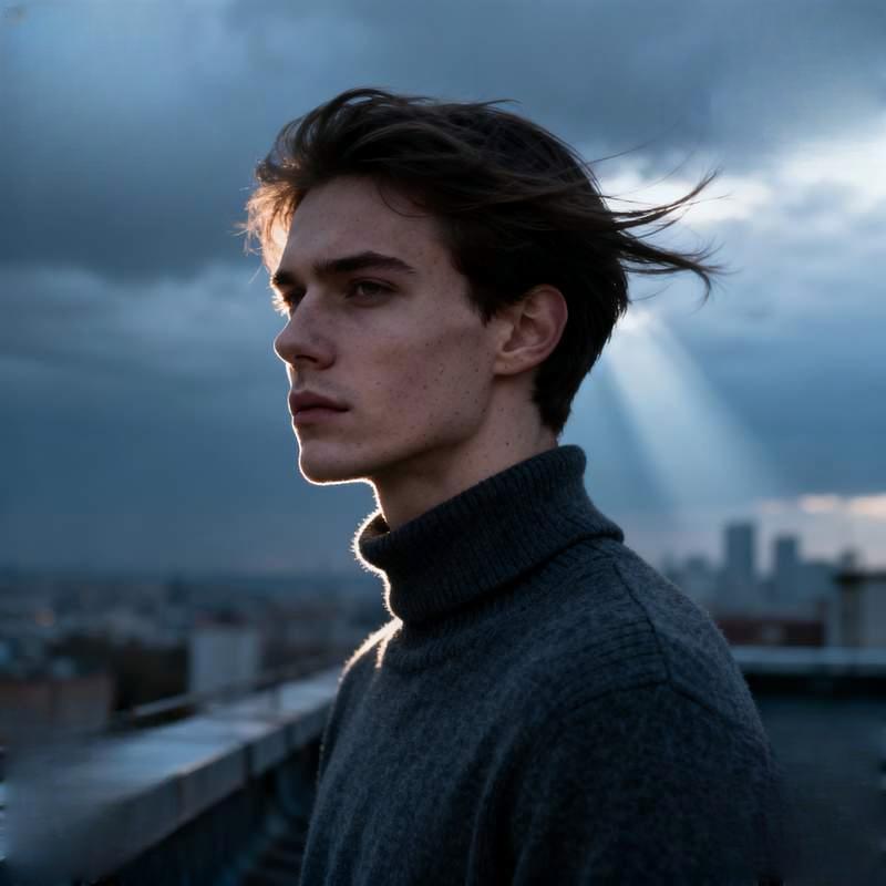aloof man, urban rooftop, misty river pier, subway tunnel, stormy cliff edge