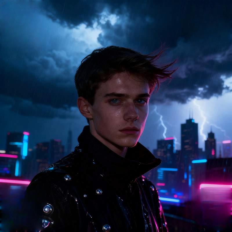 male head, twilight mountain peak, starry desert, Scottish highlands, urban thunderstorm, waterfall