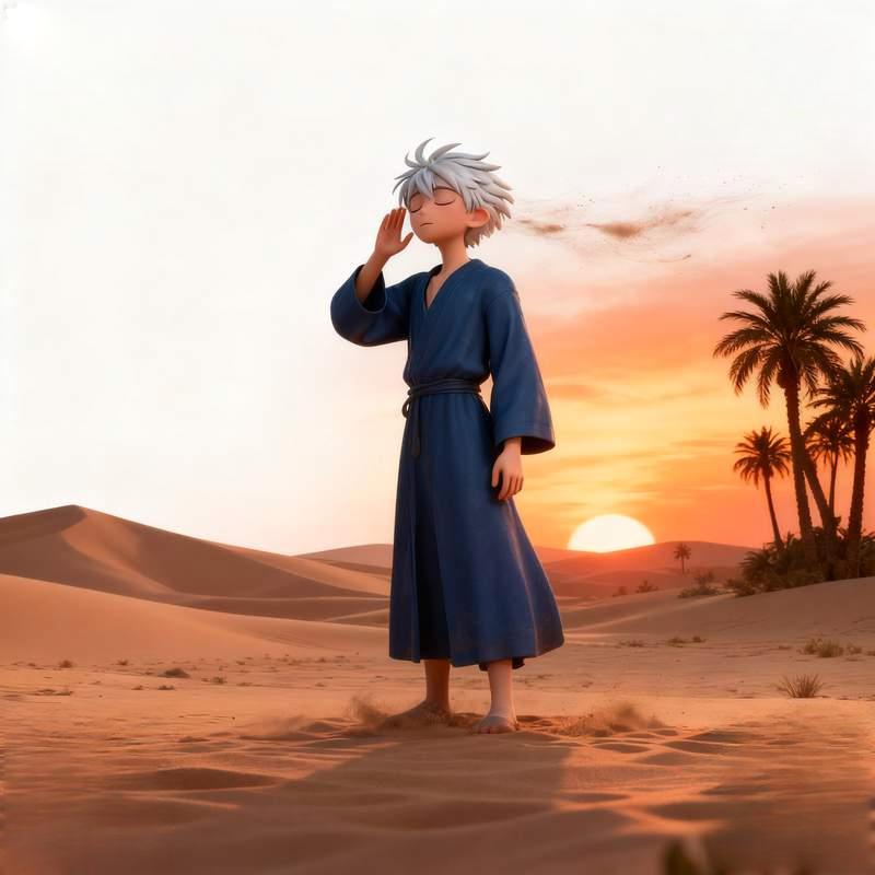 anime boy, nebula spirit, feather mask, desert youth, church light and shadow, lake reflection