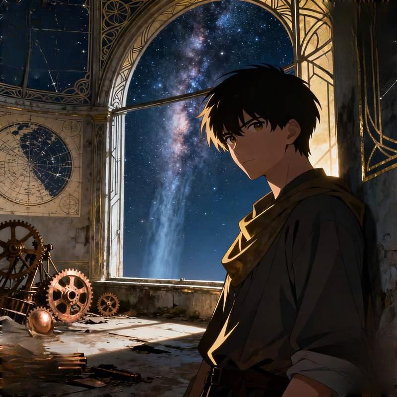 handsome man, cliff at dusk, observatory under starry sky, misty forest, city in rain, glacier youth