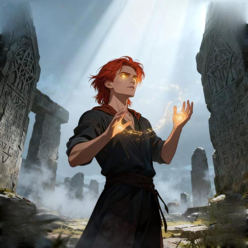 anime male profile, volcano night shadow, ruins lone figure, sandstorm youth, starry traveler