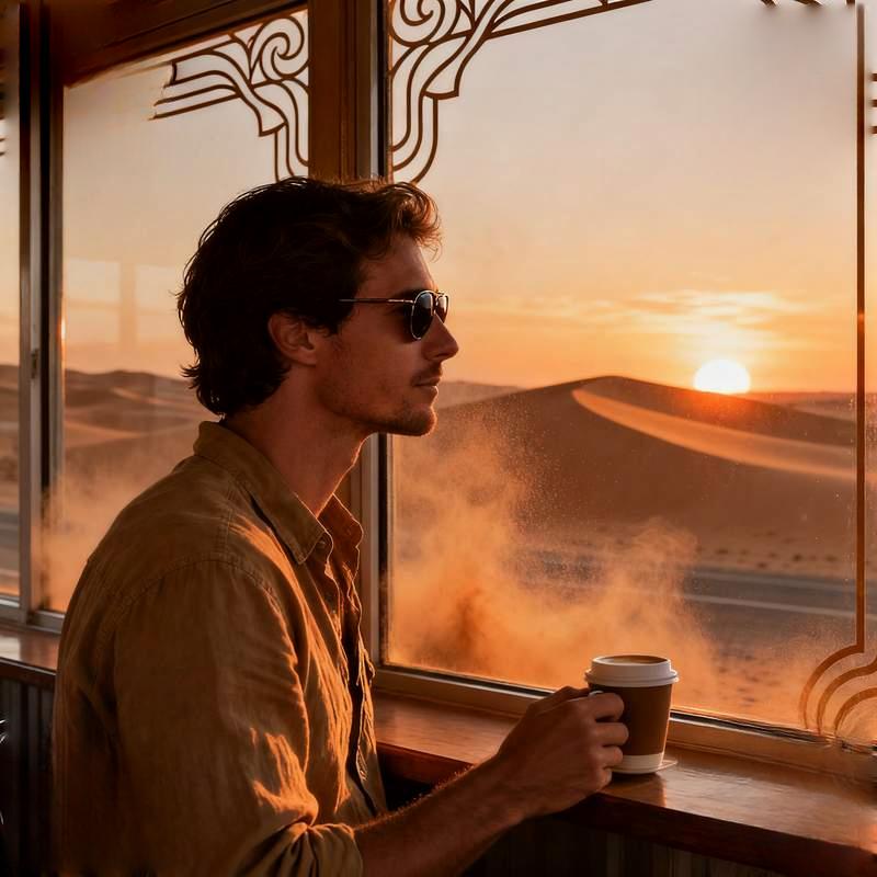 trendy guy, graffiti wall, black sand beach, rooftop pool, desert oasis, Nordic cabin