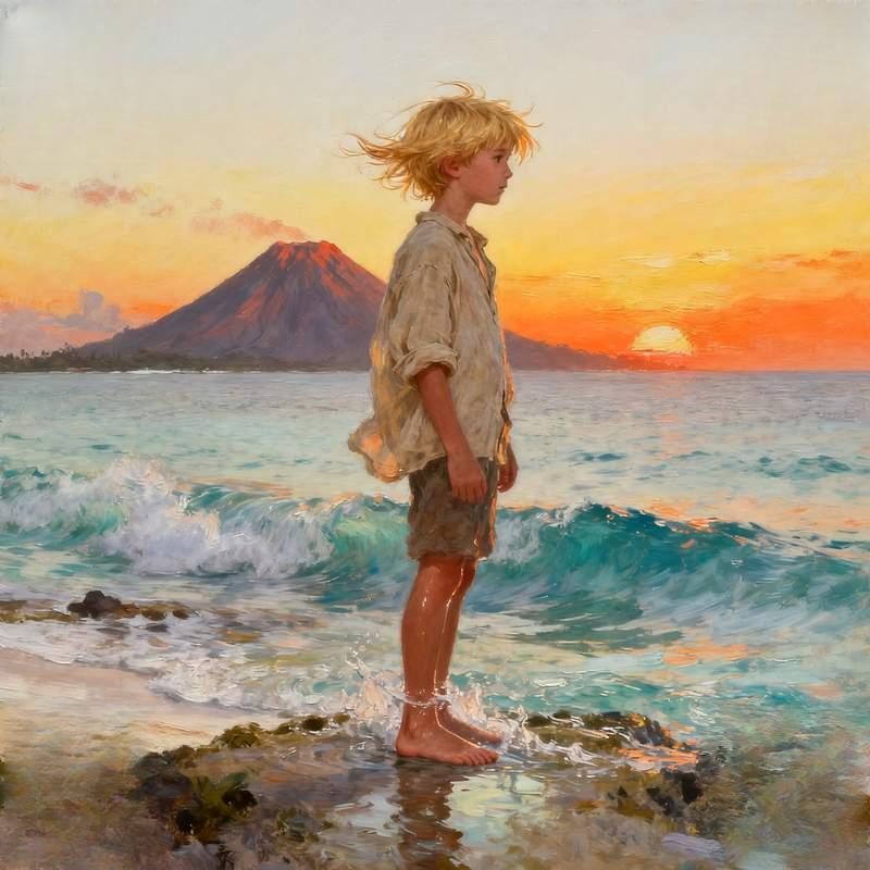 anime male head, stormy cliff, graffiti city, misty forest, subway night ride, island sunrise