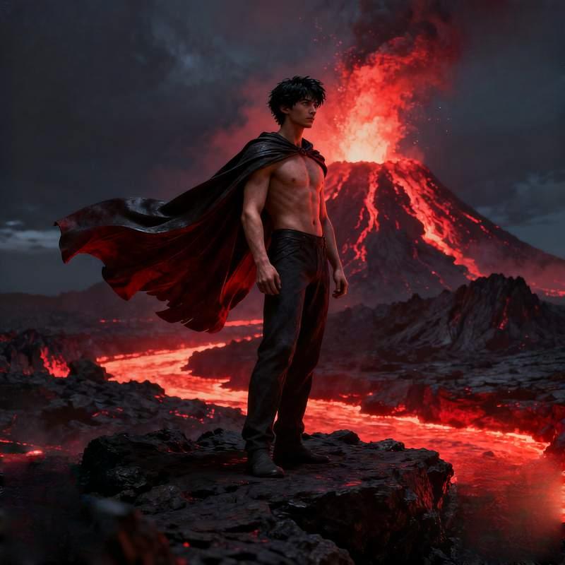 man's silhouette, trench coat figure, volcanic rock platform, graffiti tunnel, alpine meadow, r