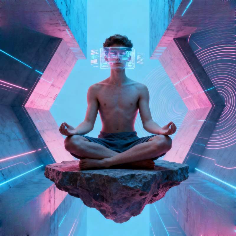 male avatar, stardust humanoid, city rooftop, geometric shards, totem mask