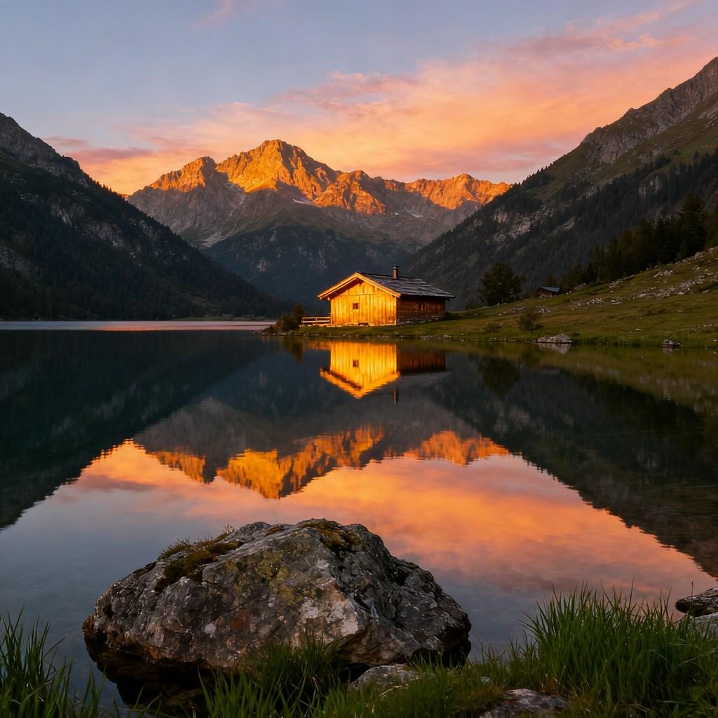 dreamlike, towering mountain, serene lake, wooden cabin, setting sun
