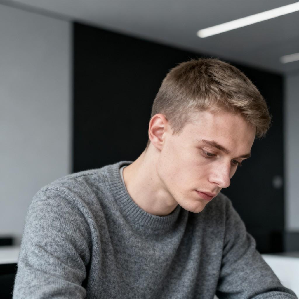 modern metropolis, young man, quiet melancholy, stylish look, play of light and shadow