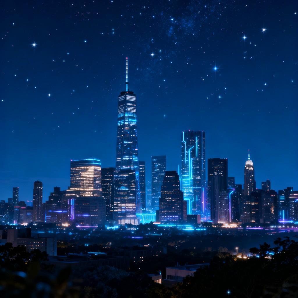 futuristic city, high-tech vibe, twilight, play of light and shadow, harbor