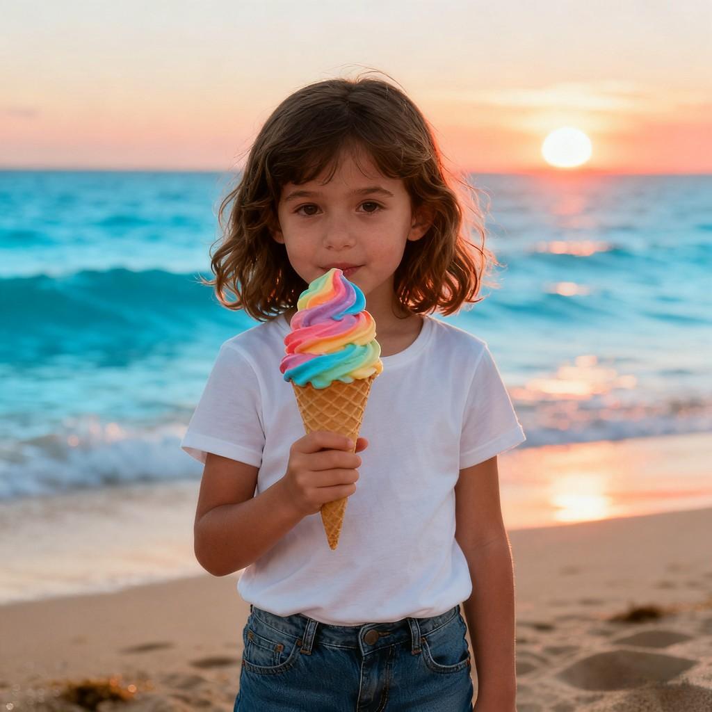 blonde hair and blue eyes, outdoor garden, swing, fairy tale book, beach, ice cream