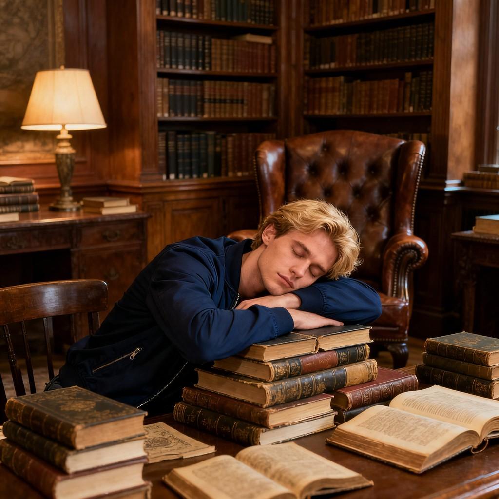 blond man on pile of books, white youth holding teddy bear, melancholic man in front of TV, sunny hu
