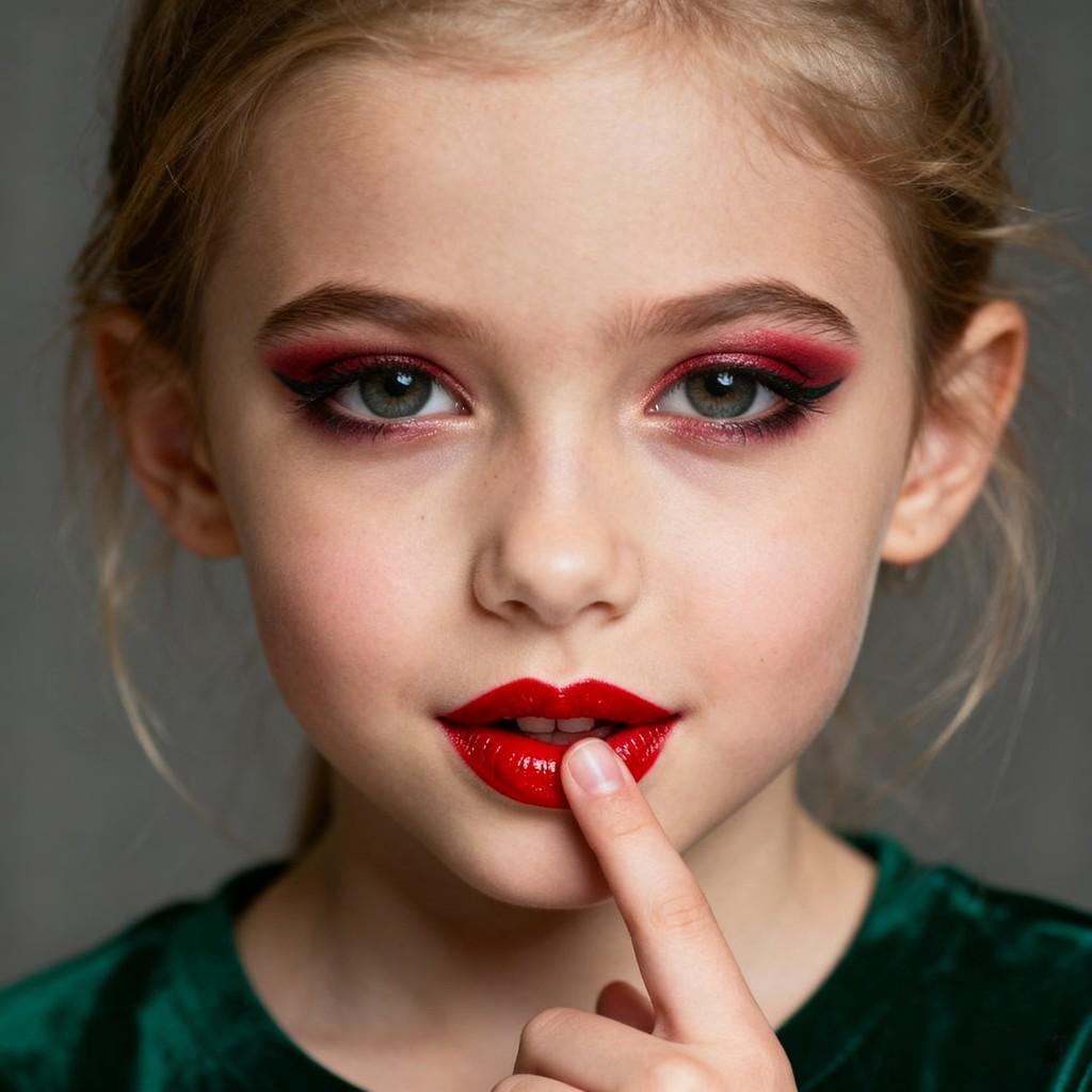 blonde hair and blue eyes, antler headpiece, pink bunny, toy kitchen, plaid skirt, flawless makeup