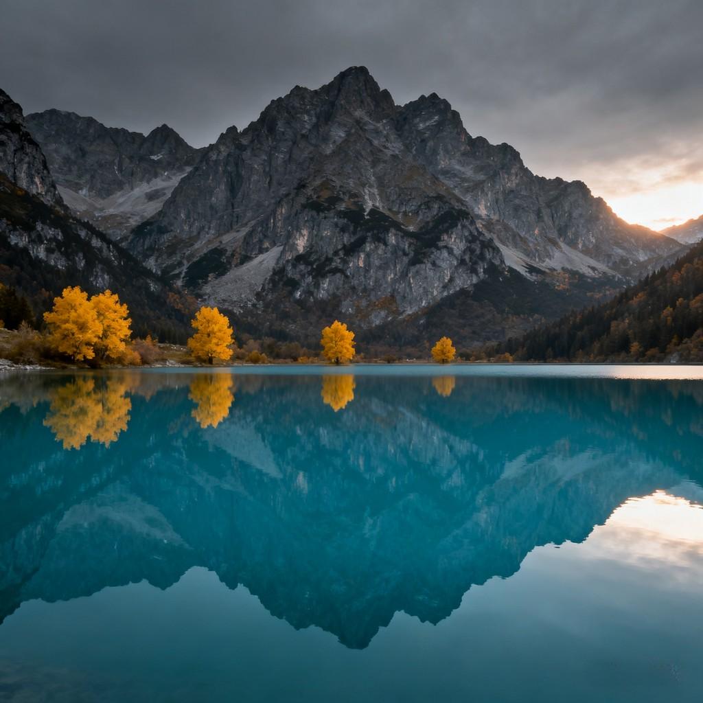 turquoise lake, rugged mountains, golden autumn leaves, calm lake surface, mist-shrouded