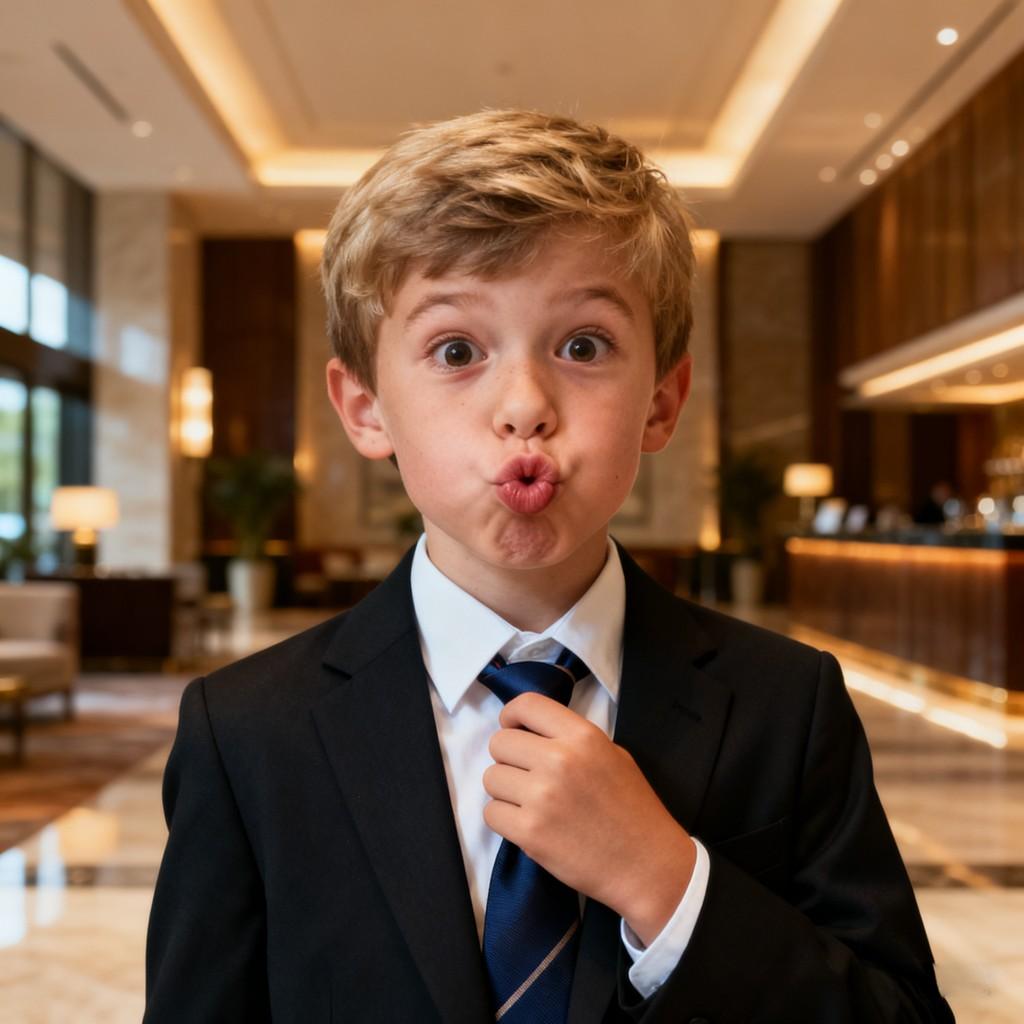 humor, childlike innocence, formal attire, contrast, creativity