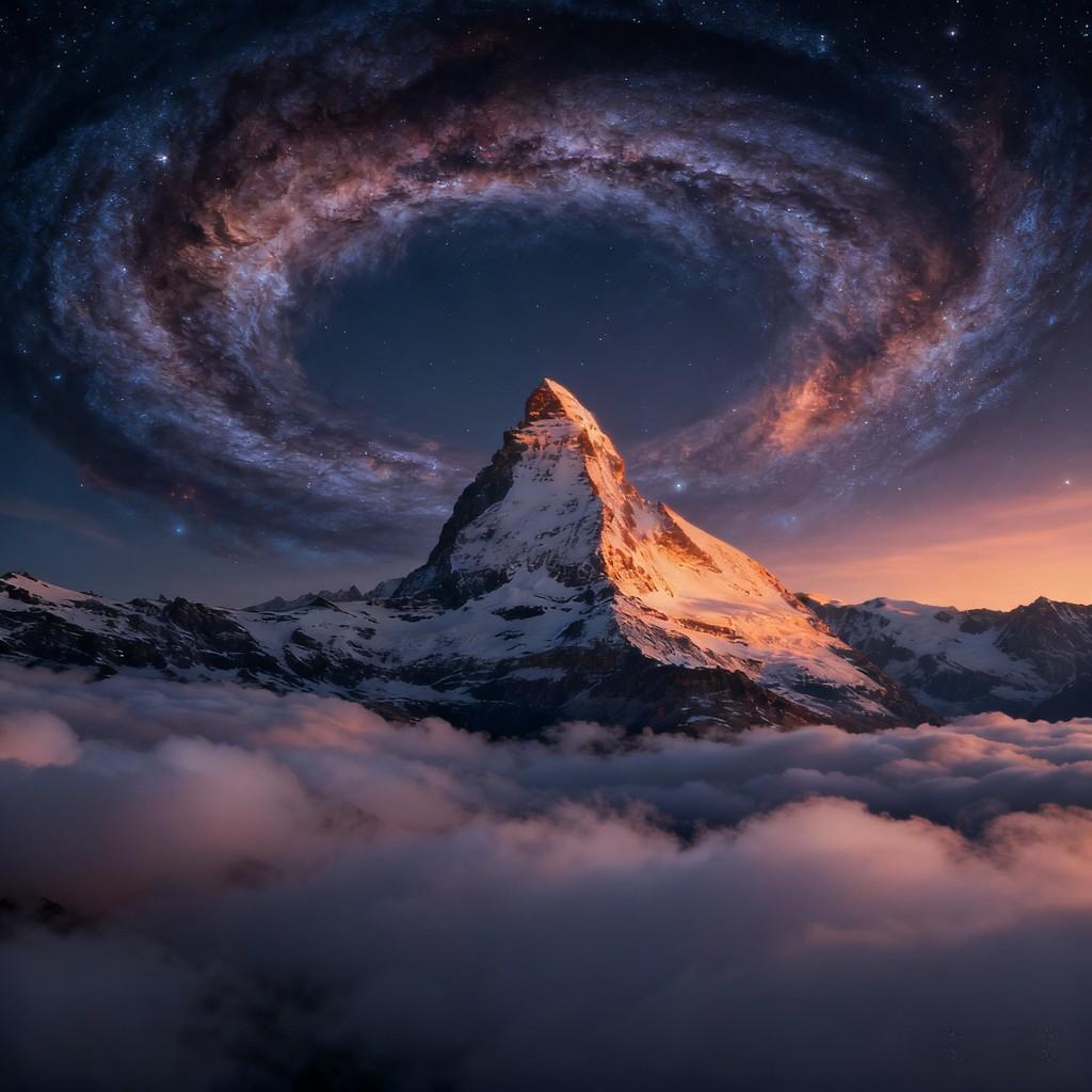 snow-capped mountain, starry sky, sea of clouds, dawn's light, twilight glow