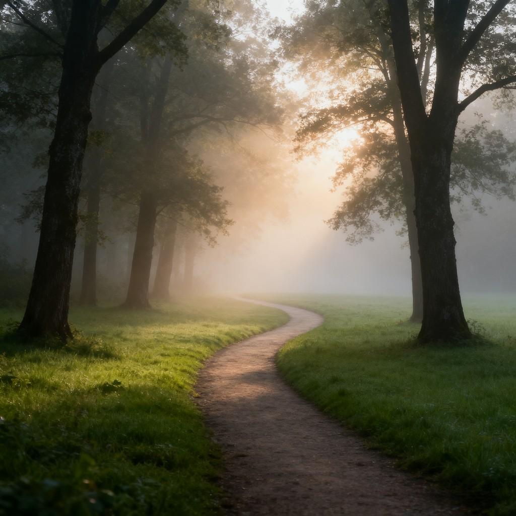 winding path, dappled sunlight, secluded woodland trail, tranquil countryside, changing seasons