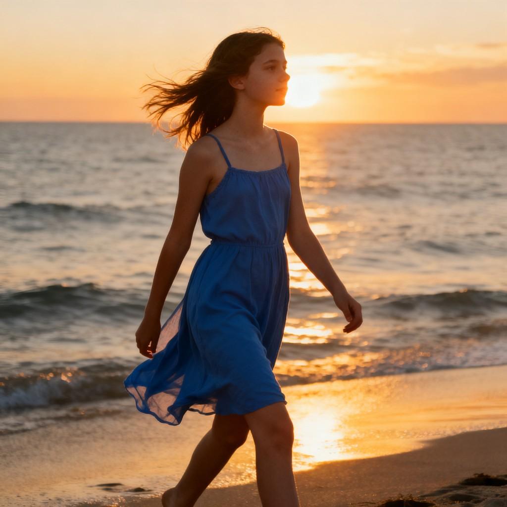 young girl, sunset, sea of flowers, dreamy, soothing