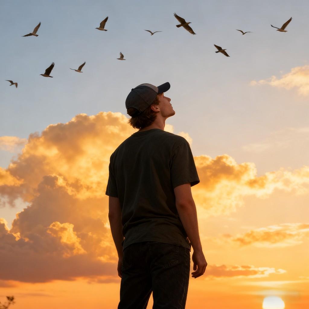 sunset silhouette, selfie moment, mountain peak view, music immersion, bird flight reverie, memory w