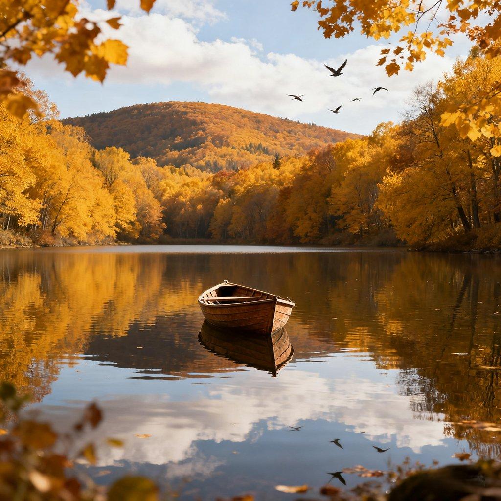 serene lake view, seasonal changes, natural beauty, poetic ambiance, Japanese style