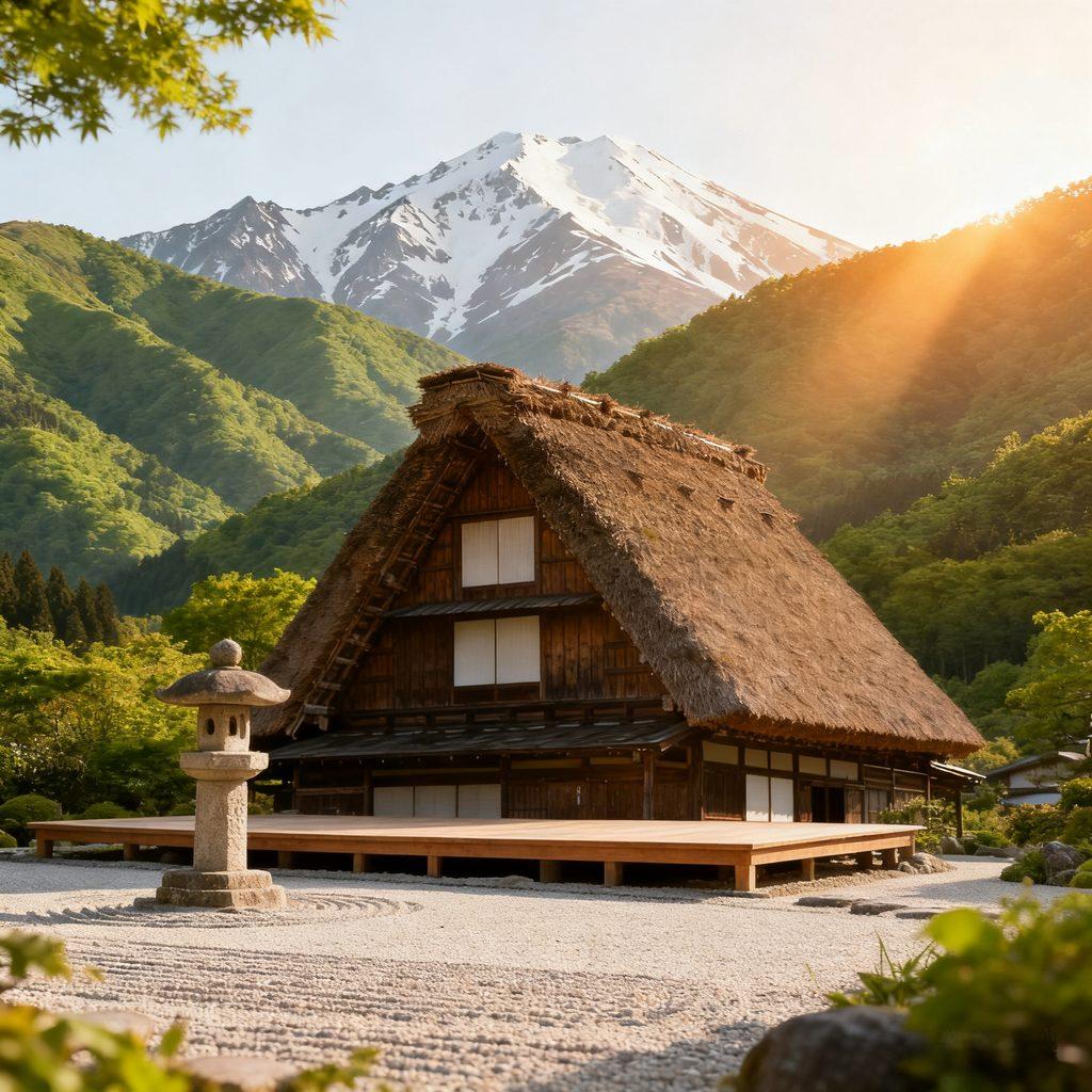 Japanese thatched cottage, harmony with nature, rolling green mountains, morning and evening light,