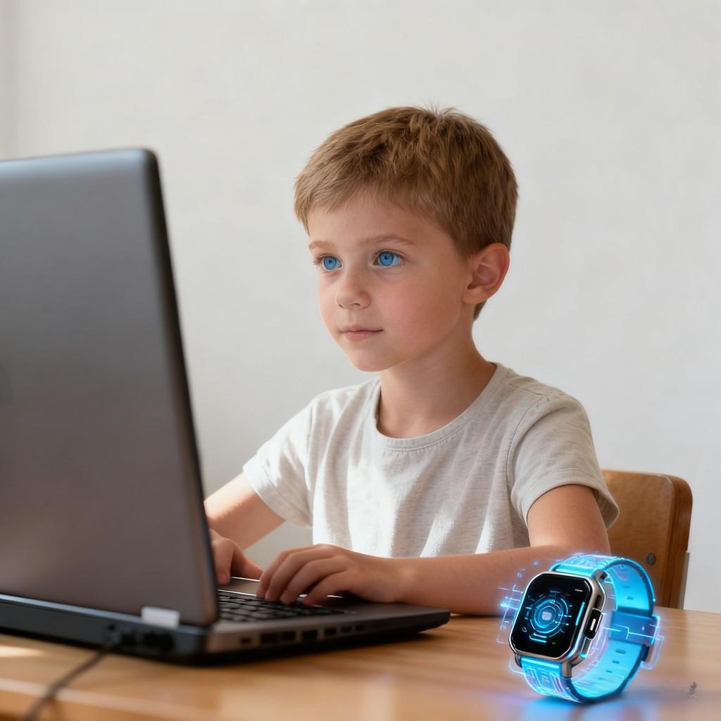 modern child, focused study, warm ambiance, tech vibe, Japanese illustration