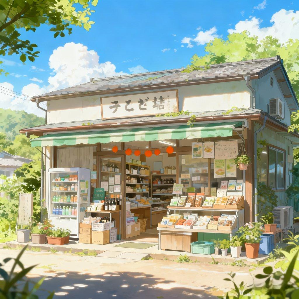 Japanese anime, small grocery store, sunny day, fresh and serene, soothing feel