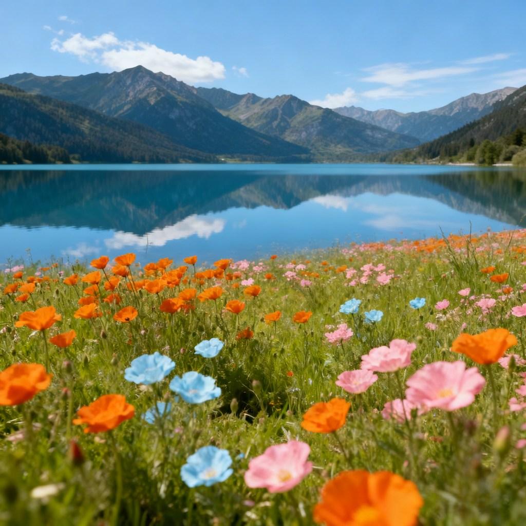 hidden paradise, natural scenery, sea of flowers, lake and mountain views, dreamlike beauty