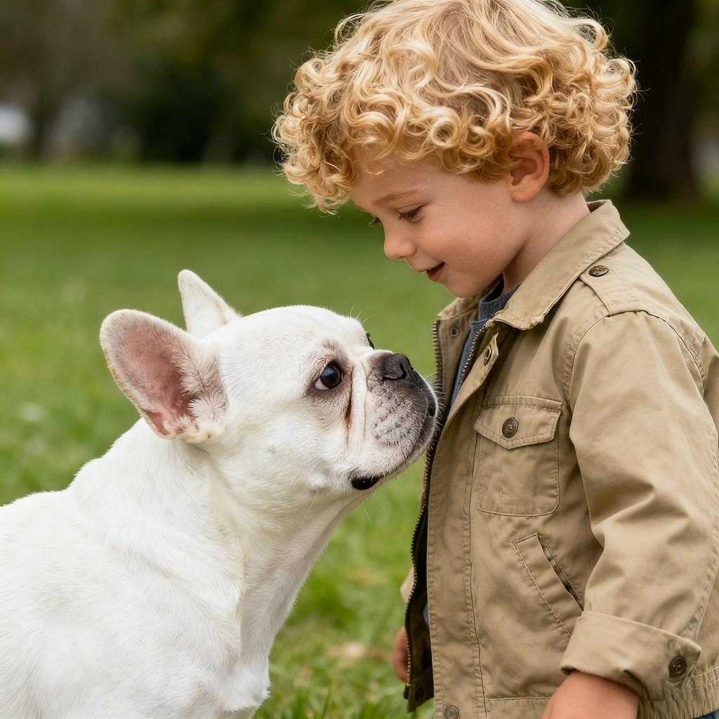 blonde hair, blue eyes, curly hair, turtleneck sweater, khaki jacket, white bulldog
